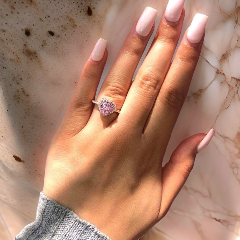 New Size 7 Pink Heart Shaped Ring Gold Clear White Cubic Zirconia Love - Picture 5 of 5